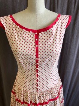 Womens, Dress, VICKY VAUGHN, Cream, Red, Cotton, Polka Dots, W:27, B:34, Slvls, Round Neck, With Red Insert CF W/Btns, Tiered Skirt With Red Trim