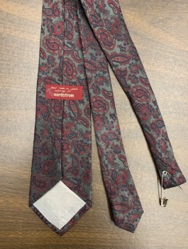 Mens, Tie, NORDSTROMS, Charcoal Gray, Red Burgundy, Navy Blue, Red, Silk, Paisley/Swirls, OS