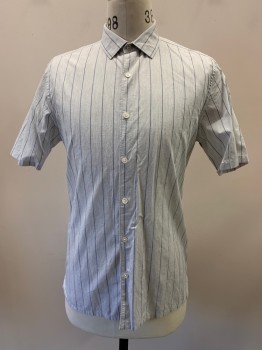 Mens, Casual Shirt, THEORY, Lt Gray, Blue-Gray, Cotton, Stripes, S/M, S/S, Button Front, Collar Attached,