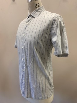 Mens, Casual Shirt, THEORY, Lt Gray, Blue-Gray, Cotton, Stripes, S/M, S/S, Button Front, Collar Attached,