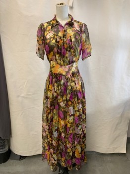 Womens, Dress, Piece 1, CHRISTY DAWN, Brown, Olive Green, Orange, Yellow, Silk, Floral, XS, S/S, Peak Collar, Snaps At Top Bodice, Pleated Front, Cap Sleeves, Full Length, Chiffon, Side Zipper
