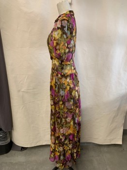 Womens, Dress, Piece 1, CHRISTY DAWN, Brown, Olive Green, Orange, Yellow, Silk, Floral, XS, S/S, Peak Collar, Snaps At Top Bodice, Pleated Front, Cap Sleeves, Full Length, Chiffon, Side Zipper