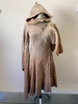 Womens, Historical Fiction Dress, NL, Khaki Brown, Brown, Cotton, Synthetic, Ombre, W:26, B:38, Aged, Hooded, Hook & Eye  Side, Stitched Spiral Pattern, Feather Detail Diagonally From Left Shoulder, Slit On Left Side, One Short Sleeve, One Long Sleeve, Hem Below Knee