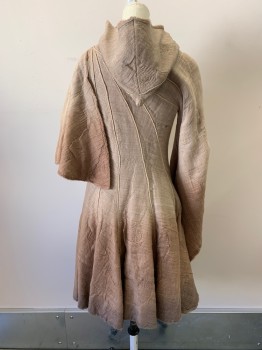 NL, Khaki Brown, Brown, Cotton, Synthetic, Ombre, Aged, Hooded, Hook & Eye  Side, Stitched Spiral Pattern, Feather Detail Diagonally From Left Shoulder, Slit On Left Side, One Short Sleeve, One Long Sleeve, Hem Below Knee
