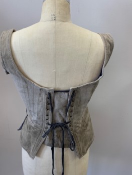 Womens, Historical Fiction Corset, NL, Taupe, Black, Cotton, Solid, W:28+, B:36+, Square Neckline, Straps, Separated Ruffle In Front, Boning, Lace Up Back W/Vanity Panel, Distressed