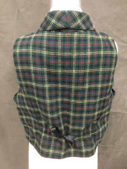 Childrens, Vest, GAP, Forest Green, Red, Tan Brown, Black, Polyester, Wool, Plaid, 7/8, Button Front, Shawl Collar, 2 Pockets, Black Ribbon Drawstring Waist Tie Back
