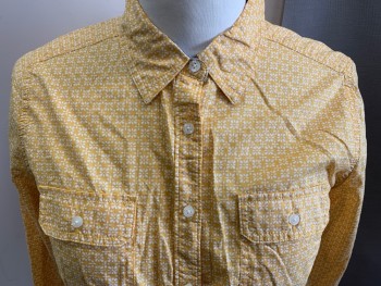 Womens, Blouse, ST JOHNS BAY, Goldenrod Yellow, White, Cotton, Floral, L, Long Sleeves, Button Front, Collar Attached, 2 Pockets,