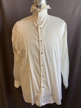 MTO, Cream, Cotton, Solid, Sateen, Stand Wingtip Collar, Button Front, Long Sleeves, Button Cuffs, Gathers Back Neck