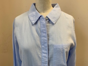 Womens, Blouse, TREASURE & BOND, Baby Blue, Cotton, Solid, S, Long Sleeves, Button Front, 1 Pocket, Collar Attached, Button Placket