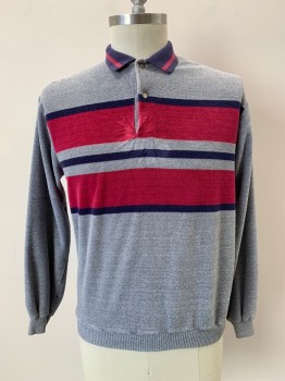 Mens, Sweater, HIGH SIERRA, Gray, Magenta Pink, Navy Blue, Lt Gray, Cotton, Polyester, Color Blocking, L, L/S, Collar Attached, 2 Buttons