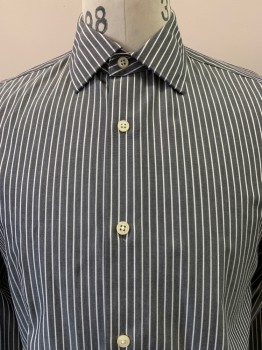 Mens, Casual Shirt, BANANA REPUBLIC, Charcoal Gray, White, Cotton, Stripes - Vertical , 33, 17, L/S, Button Front, Collar Attached,
