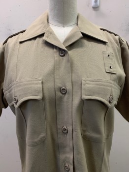 Womens, Fire/Police Shirt , FLYING CROSS, Tan Brown, Polyester, Cotton, Solid, 36, Button Front, Collar Attached, Short Sleeve,  Epaulets, 2 Batwing Flap Pockets, Creases, Badge Holder Patch