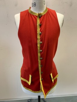Mens, Historical Fiction Vest, N/L, Red, Gold, Wool, Solid, 38, Metallic Trim, Button Front, Round Neck, 2 Large Faux Pocket Flaps, Black Ties at Back Waist
