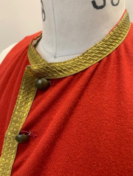 N/L, Red, Gold, Wool, Solid, Metallic Trim, Button Front, Round Neck, 2 Large Faux Pocket Flaps, Black Ties at Back Waist