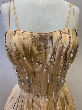 Womens, Evening Gown, Ceil Chapmn, Gold, Pearl White, Silver, Silk, Diamonds, W24, B32, Double Spaghetti Straps, Beaded Strips with Dangling Tips, Missing Diamonds, Vertical Seams, Back Zipper,