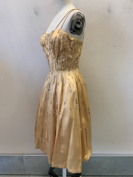 Womens, Evening Gown, Ceil Chapmn, Gold, Pearl White, Silver, Silk, Diamonds, W24, B32, Double Spaghetti Straps, Beaded Strips with Dangling Tips, Missing Diamonds, Vertical Seams, Back Zipper,