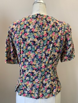 FRITZI, Sage Green, Pink, Periwinkle Blue, Beige, Black, Rayon, Floral, S/S, Button Front, Round Neck,