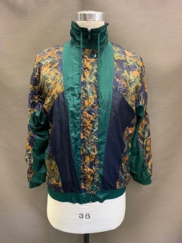 Mens, Windbreaker, NL, Navy Blue, Goldenrod Yellow, Tan Brown, Leather, Abstract , S, High Neck, Can Be Folded to Collar, Drawstring at Neck, Zip Front, L/S