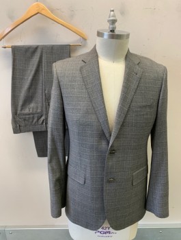 BARONI PRIVE, Gray, Dk Gray, Wool, Plaid, Single Breasted, Notched Lapel, 2 Buttons, 3 Pockets, Copper Polkadot Lining