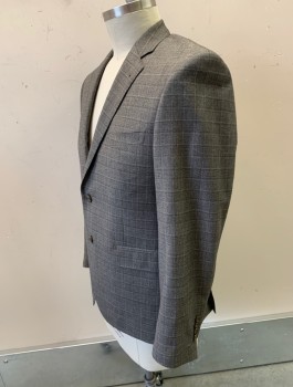Mens, Suit, Jacket, BARONI PRIVE, Gray, Dk Gray, Wool, Plaid, 42R, Single Breasted, Notched Lapel, 2 Buttons, 3 Pockets, Copper Polkadot Lining