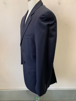 Mens, Suit, Jacket, BARONI, Navy Blue, Wool, Solid, 40L, Single Breasted, Notched Lapel, 2 Buttons, 3 Pockets, Hand Picked Stitching
