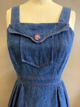 Oops California, Denim Blue, Red, Cotton, Solid, Sleeveless, Chest Pocket Plaid Buttons and Lining,  Red Stitching, Waist Tie, Back Zipper,