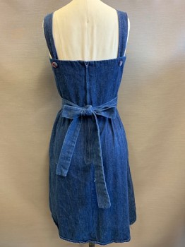 Oops California, Denim Blue, Red, Cotton, Solid, Sleeveless, Chest Pocket Plaid Buttons and Lining,  Red Stitching, Waist Tie, Back Zipper,