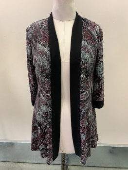 Womens, Dress, Piece 2, R&M RICHARDS, Black, White, Wine Red, Polyester, Spandex, Solid, Paisley/Swirls, 10, Open Front, Cardigan