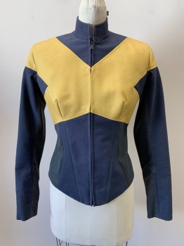 Womens, Sci-Fi/Fantasy Piece 1, NO LABEL, Steel Blue, Yellow, Dk Gray, Polyester, Color Blocking, W28, B34, L/S, Collar Band, Zip Front, Textured Fabric, Made To Order,