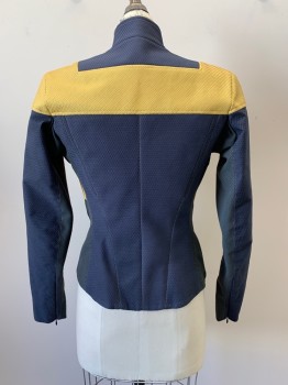 NO LABEL, Steel Blue, Yellow, Dk Gray, Polyester, Color Blocking, L/S, Collar Band, Zip Front, Textured Fabric, Made To Order,
