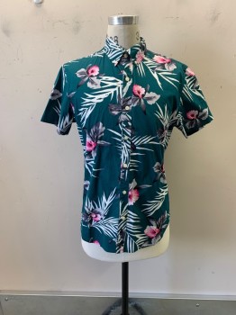 Mens, Hawaiian Shirt, BONONBOS, Teal Green, Multi-color, Cotton, Floral, Tropical , M, Btn-down C.A., B.F., S/S, , Button Front, S/S