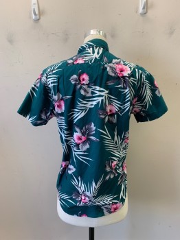 Mens, Hawaiian Shirt, BONONBOS, Teal Green, Multi-color, Cotton, Floral, Tropical , M, Btn-down C.A., B.F., S/S, , Button Front, S/S