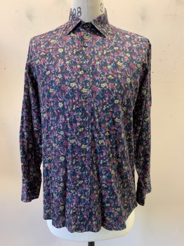 Etro 40, Navy Blue, Coral Orange, Mint Green, Khaki Brown, Raspberry Pink, Cotton, Floral, L/S, Button Front, Collar Attached,