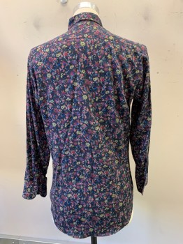 Etro 40, Navy Blue, Coral Orange, Mint Green, Khaki Brown, Raspberry Pink, Cotton, Floral, L/S, Button Front, Collar Attached,