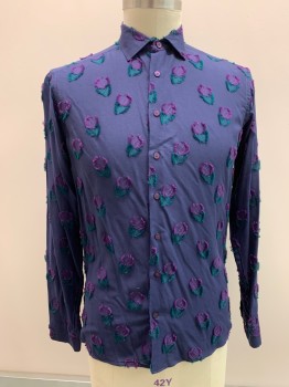 ETRO, Royal Purple, Purple, Green, Cotton, Floral, L/S, Button Front, C.A.,