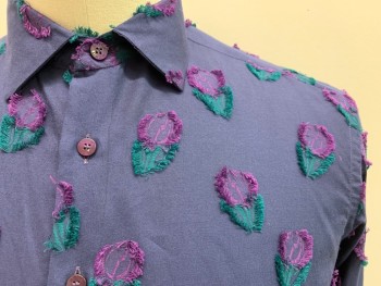 ETRO, Royal Purple, Purple, Green, Cotton, Floral, L/S, Button Front, C.A.,