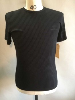 Mens, T-shirt, VERSACE, Black, Polyester, Nylon, Stripes - Vertical , Solid, 36, S, CN, S/S, Rib Knit,