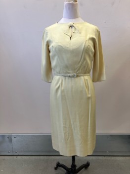 MARGORIE MONTGOMERY, Butter Yellow Slubbed, Round Neck with Key Hole Front And Bow, 3/4slvs, Back Zip, Belt Loops, Matching BELT