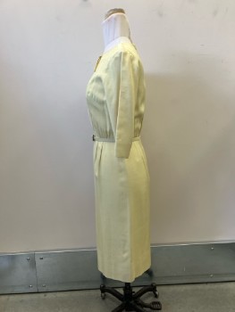 MARGORIE MONTGOMERY, Butter Yellow Slubbed, Round Neck with Key Hole Front And Bow, 3/4slvs, Back Zip, Belt Loops, Matching BELT