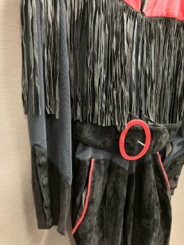 Womens, Jumpsuit, KAREN OKADA, B:38, 8, W:28, Black Suede And Poly Knit with Red Leather Front/back Cape Yoke with Black Suede Fringe, Shoulder Pads, Suede Snap Cuffs, Zip Front, Red Piping Hip Pocket Trim, Princess Waist, Matching Suede BELT with Red Leather Buckle