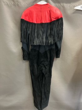 KAREN OKADA, Black Suede And Poly Knit with Red Leather Front/back Cape Yoke with Black Suede Fringe, Shoulder Pads, Suede Snap Cuffs, Zip Front, Red Piping Hip Pocket Trim, Princess Waist, Matching Suede BELT with Red Leather Buckle