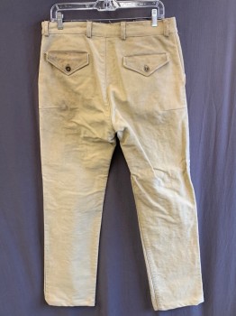 Mens, Historical Fiction Pants, NL, Sand, Cotton, Solid, 32, 34, F.F, Button Front, 2 Side Pockets, Belt Loops, 2 Back Flap Pockets, Aged/Distressed