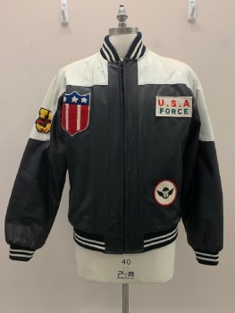 Mens, Leather Jacket, PANDA, Black, Off White, Red, Blue, Leather, Color Blocking, C:46, XL, U.S.A. FORCE, L/S, Collar Band, Zip Front, Side Pockets, Multiple Patches, Aged