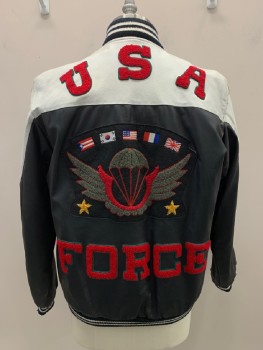 Mens, Leather Jacket, PANDA, Black, Off White, Red, Blue, Leather, Color Blocking, C:46, XL, U.S.A. FORCE, L/S, Collar Band, Zip Front, Side Pockets, Multiple Patches, Aged