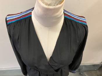 ARGENTI, Black, Silk, Solid, L/S, V-N, Elastic Waist & Peplum, with Blue Silver Black Burg & Teal Embroiderred H-Stripes On Shoulders & Cuffs, 2 Side Pckts
