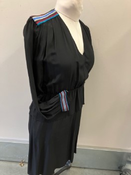 ARGENTI, Black, Silk, Solid, L/S, V-N, Elastic Waist & Peplum, with Blue Silver Black Burg & Teal Embroiderred H-Stripes On Shoulders & Cuffs, 2 Side Pckts