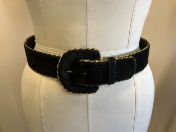 Womens, Belt, KENDELL & MARCUS, W 31, L, Black Suede with Gold Diagnol Striped Trim, Self Covered Large D-Ring Buckle