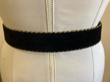 Womens, Belt, KENDELL & MARCUS, W 31, L, Black Suede with Gold Diagnol Striped Trim, Self Covered Large D-Ring Buckle