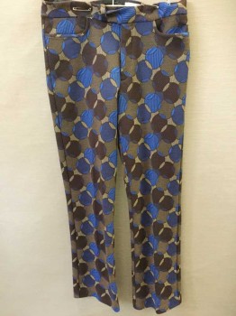 STAR 69, Dk Brown, Tan Brown, Blue, Polyester, Geometric, Heavy Knit, Interconnecting Circles With Stripes And Dots, Curved Pockets, Retro 1970s