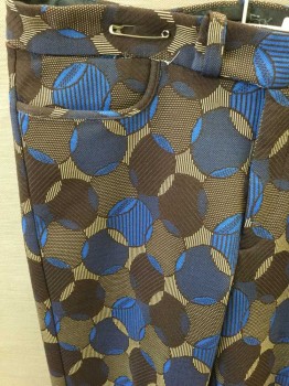 STAR 69, Dk Brown, Tan Brown, Blue, Polyester, Geometric, Heavy Knit, Interconnecting Circles With Stripes And Dots, Curved Pockets, Retro 1970s